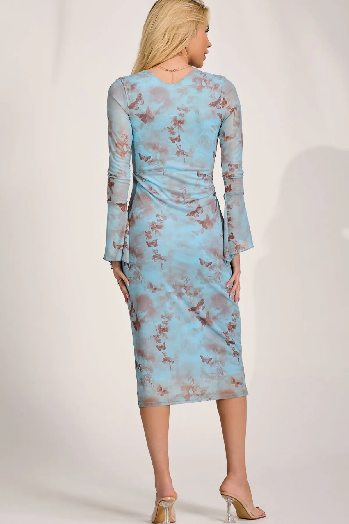 Jolie Moi Occasion Dresses|Mesh Dresses-Long Sleeve Mesh Bodycon Dress, Blue Abstract