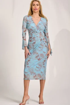 Jolie Moi Occasion Dresses|Mesh Dresses-Long Sleeve Mesh Bodycon Dress, Blue Abstract