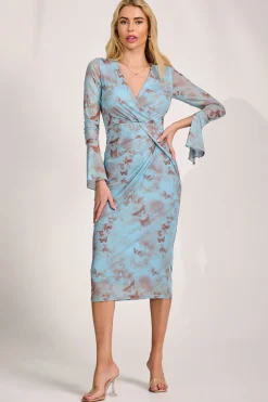 Jolie Moi Occasion Dresses|Mesh Dresses-Long Sleeve Mesh Bodycon Dress, Blue Abstract