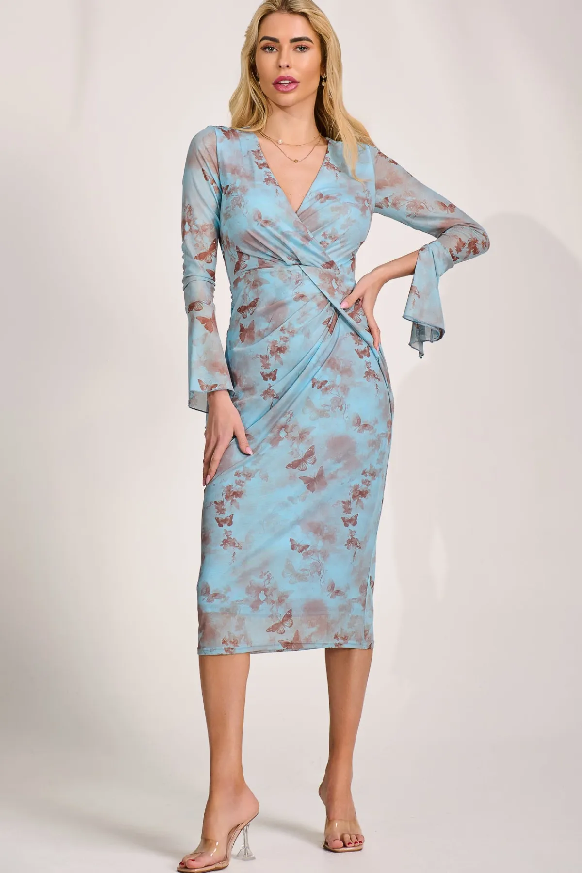Jolie Moi Occasion Dresses|Mesh Dresses-Long Sleeve Mesh Bodycon Dress, Blue Abstract