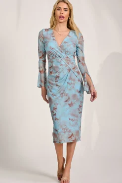 Jolie Moi Occasion Dresses|Mesh Dresses-Long Sleeve Mesh Bodycon Dress, Blue Abstract