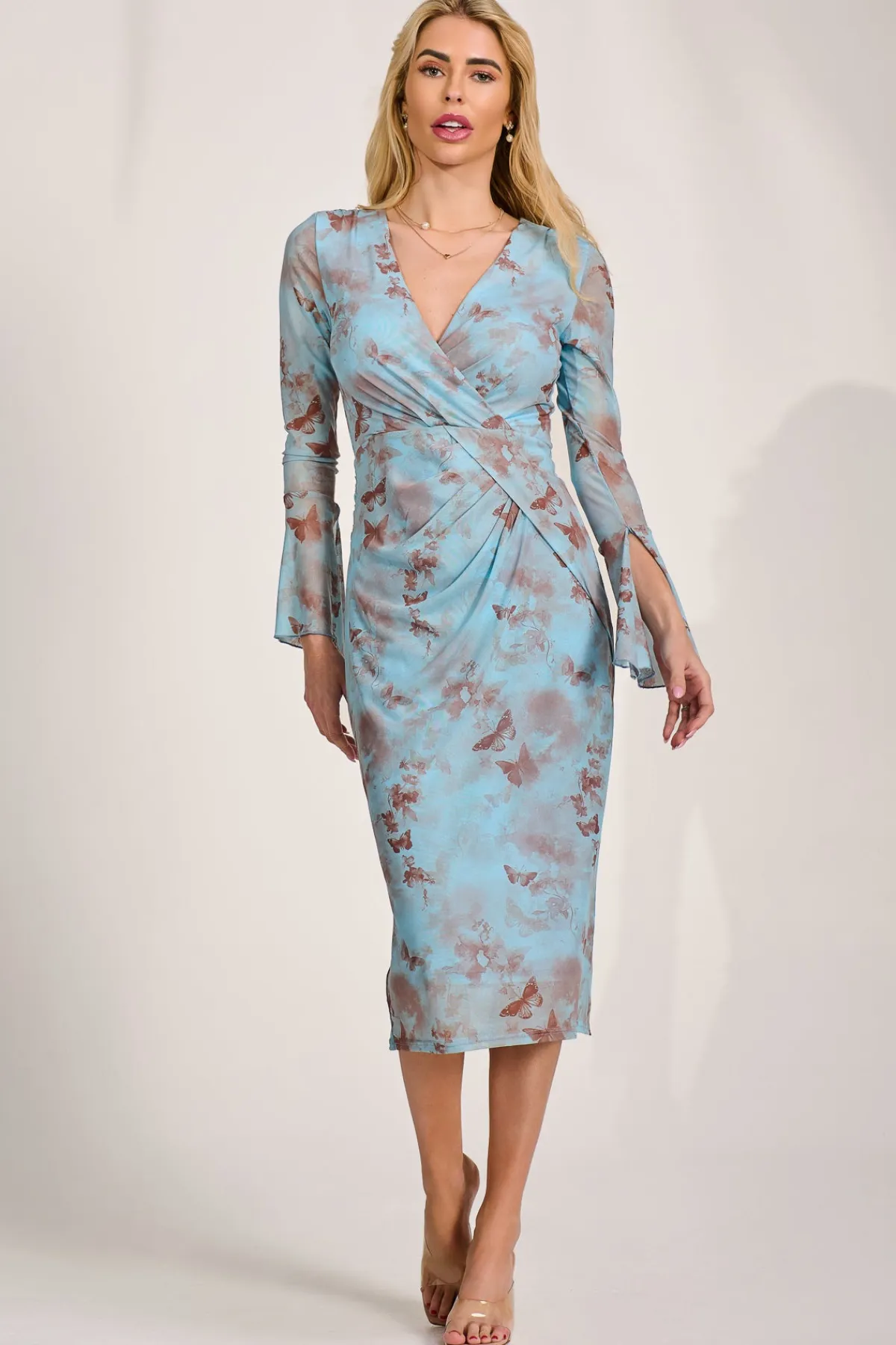 Jolie Moi Occasion Dresses|Mesh Dresses-Long Sleeve Mesh Bodycon Dress, Blue Abstract