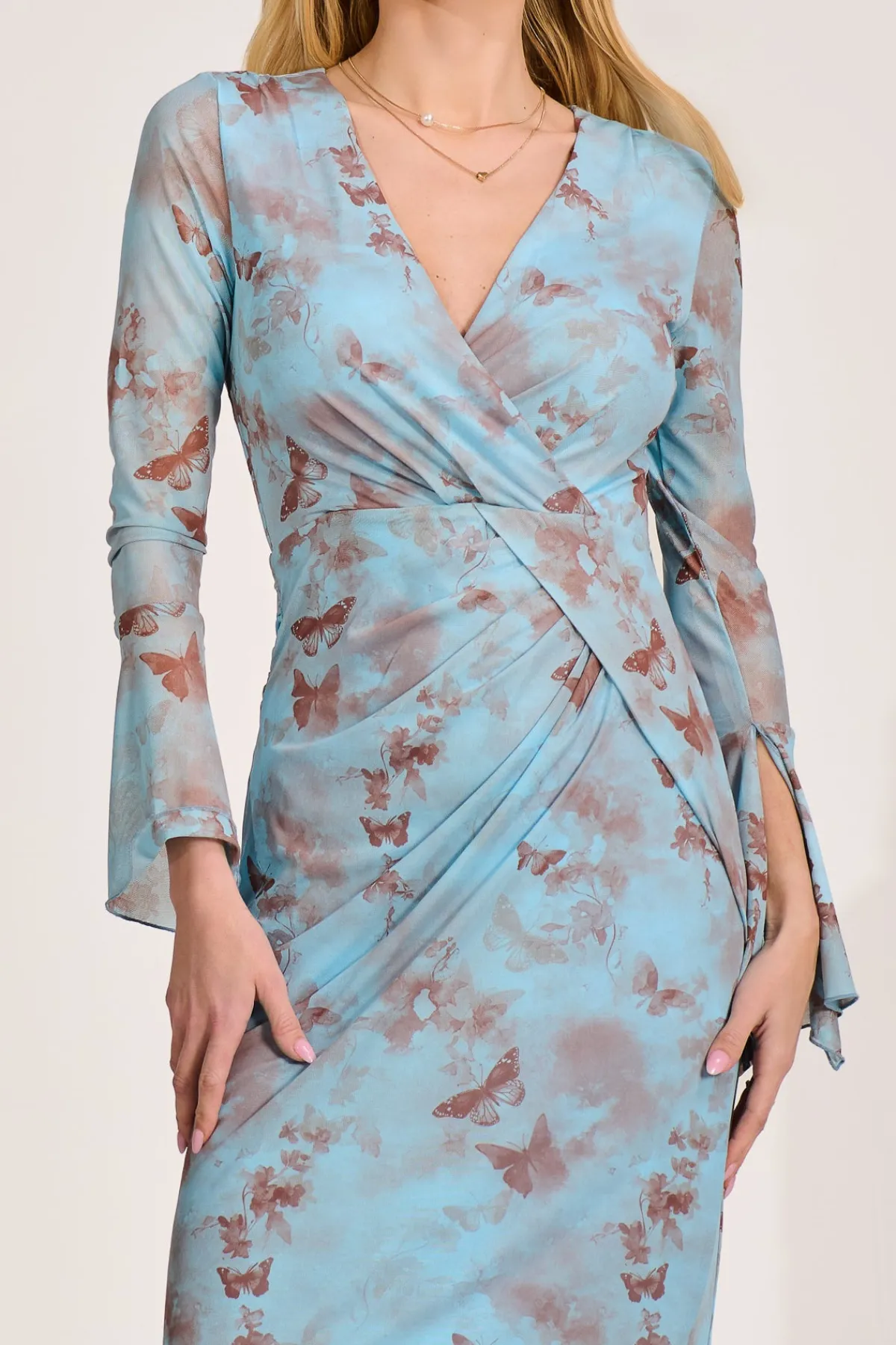 Jolie Moi Occasion Dresses|Mesh Dresses-Long Sleeve Mesh Bodycon Dress, Blue Abstract