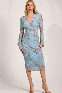 Jolie Moi Occasion Dresses|Mesh Dresses-Long Sleeve Mesh Bodycon Dress, Blue Abstract