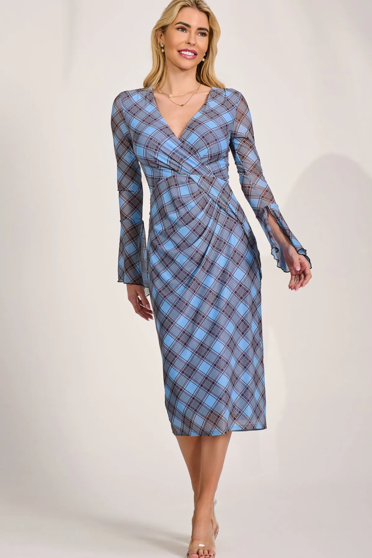 Jolie Moi Occasion Dresses|Mesh Dresses-Long Sleeve Mesh Bodycon Dress, Blue Check