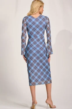 Jolie Moi Occasion Dresses|Mesh Dresses-Long Sleeve Mesh Bodycon Dress, Blue Check