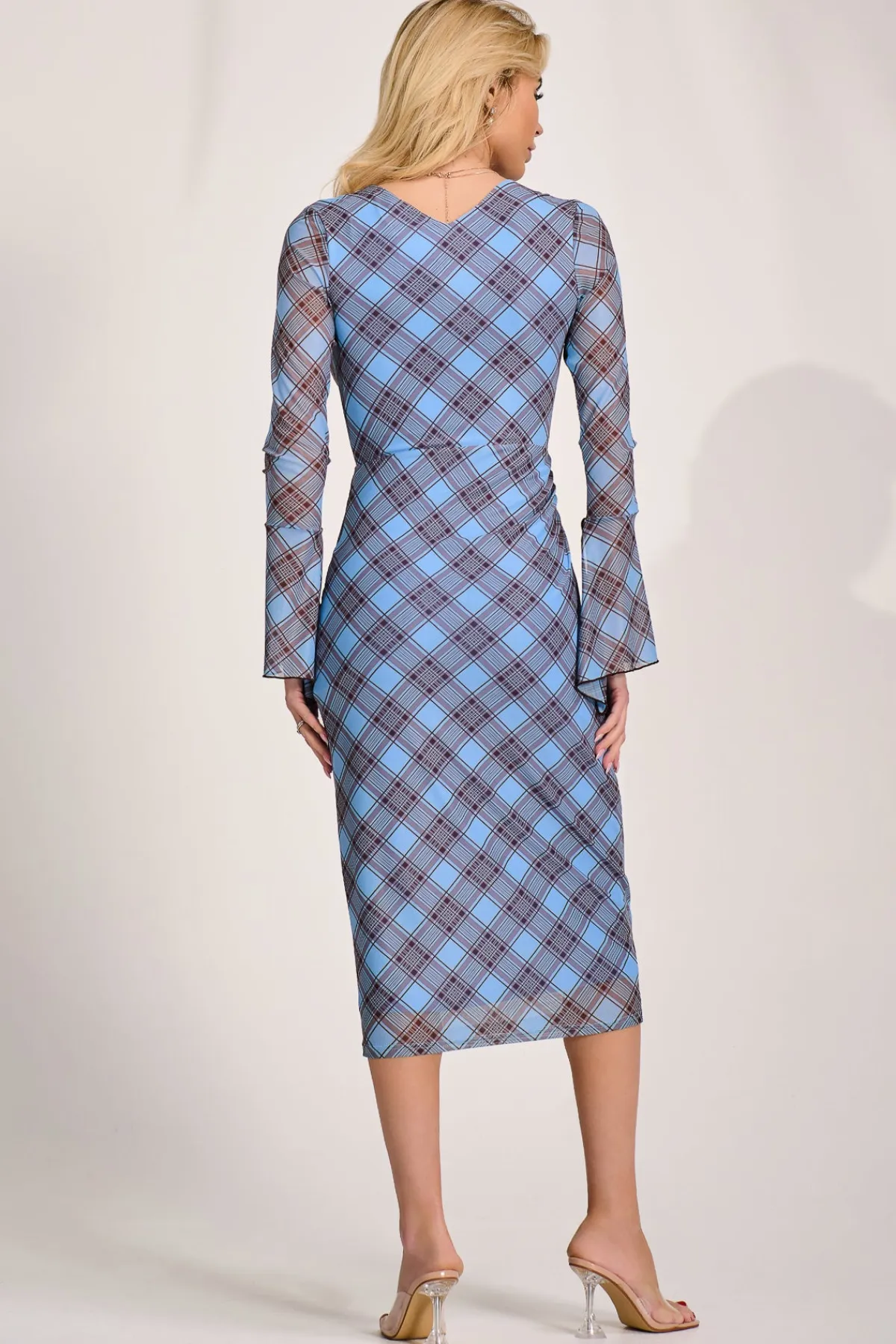 Jolie Moi Occasion Dresses|Mesh Dresses-Long Sleeve Mesh Bodycon Dress, Blue Check