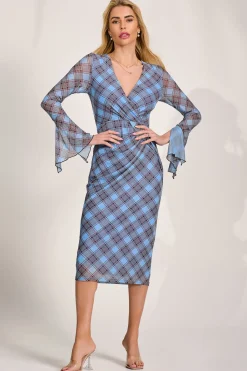 Jolie Moi Occasion Dresses|Mesh Dresses-Long Sleeve Mesh Bodycon Dress, Blue Check
