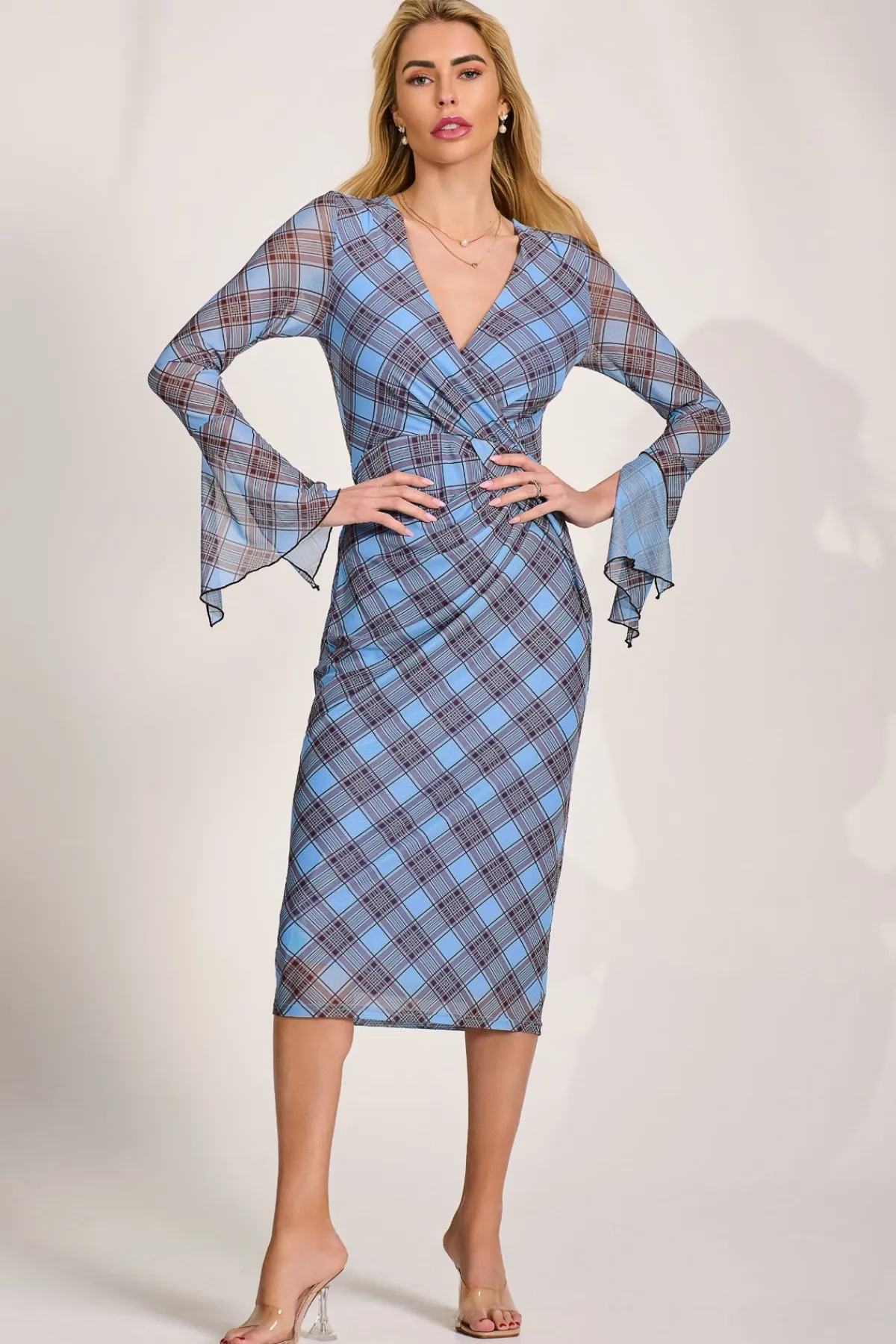 Jolie Moi Occasion Dresses|Mesh Dresses-Long Sleeve Mesh Bodycon Dress, Blue Check