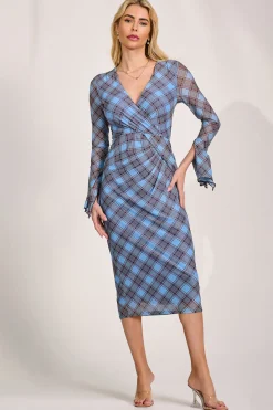 Jolie Moi Occasion Dresses|Mesh Dresses-Long Sleeve Mesh Bodycon Dress, Blue Check