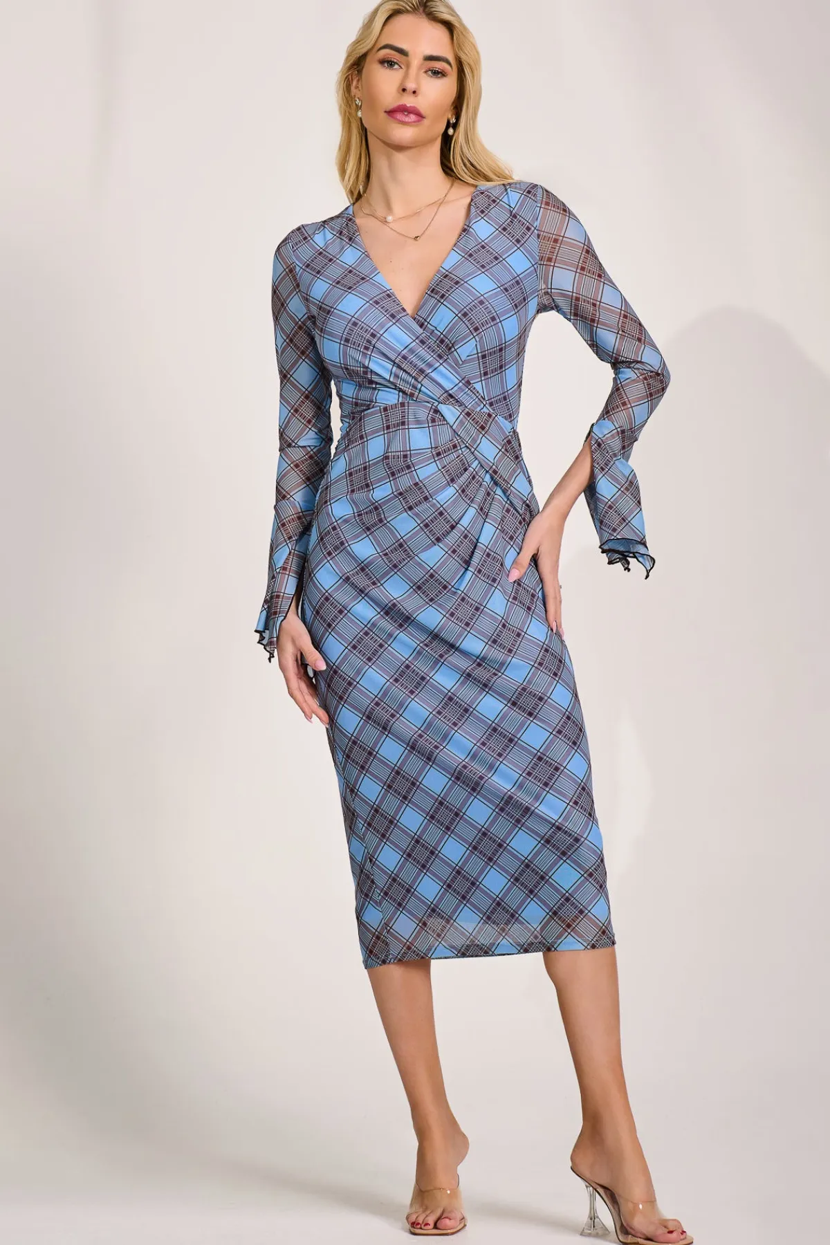 Jolie Moi Occasion Dresses|Mesh Dresses-Long Sleeve Mesh Bodycon Dress, Blue Check