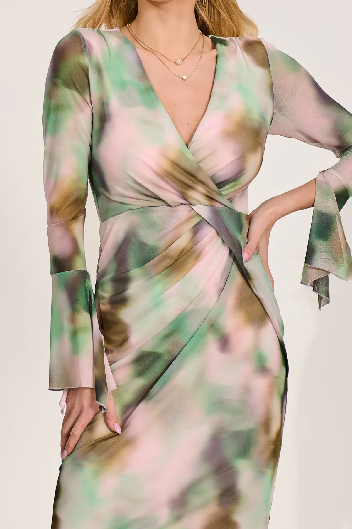 Jolie Moi Occasion Dresses|Mesh Dresses-Long Sleeve Mesh Bodycon Dress, Green Abstract