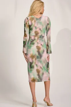 Jolie Moi Occasion Dresses|Mesh Dresses-Long Sleeve Mesh Bodycon Dress, Green Abstract