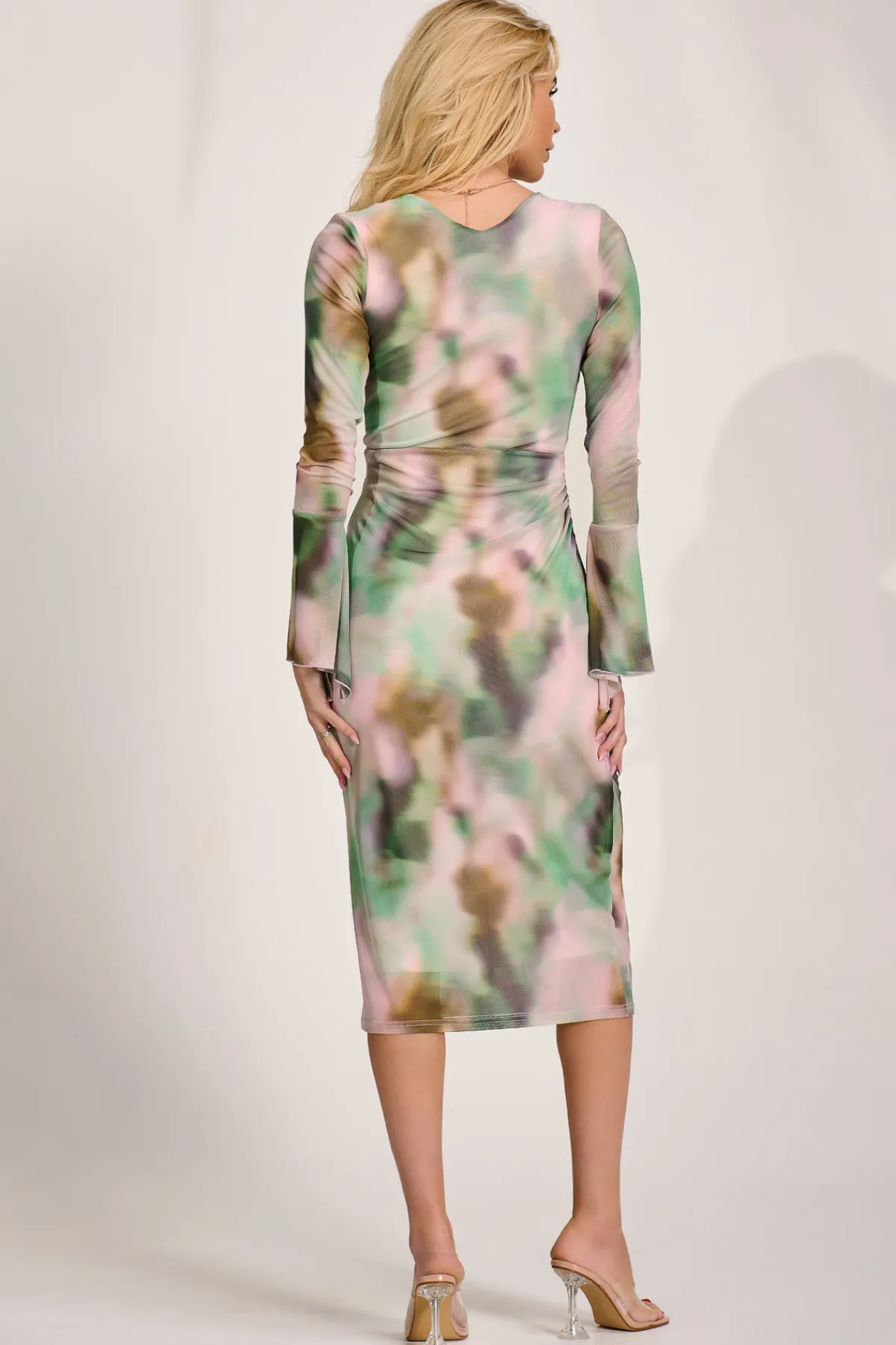 Jolie Moi Occasion Dresses|Mesh Dresses-Long Sleeve Mesh Bodycon Dress, Green Abstract