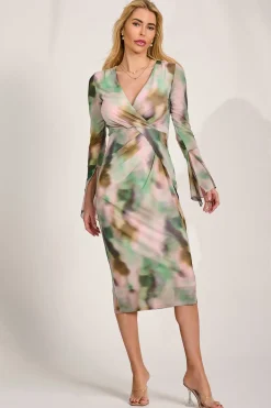 Jolie Moi Occasion Dresses|Mesh Dresses-Long Sleeve Mesh Bodycon Dress, Green Abstract