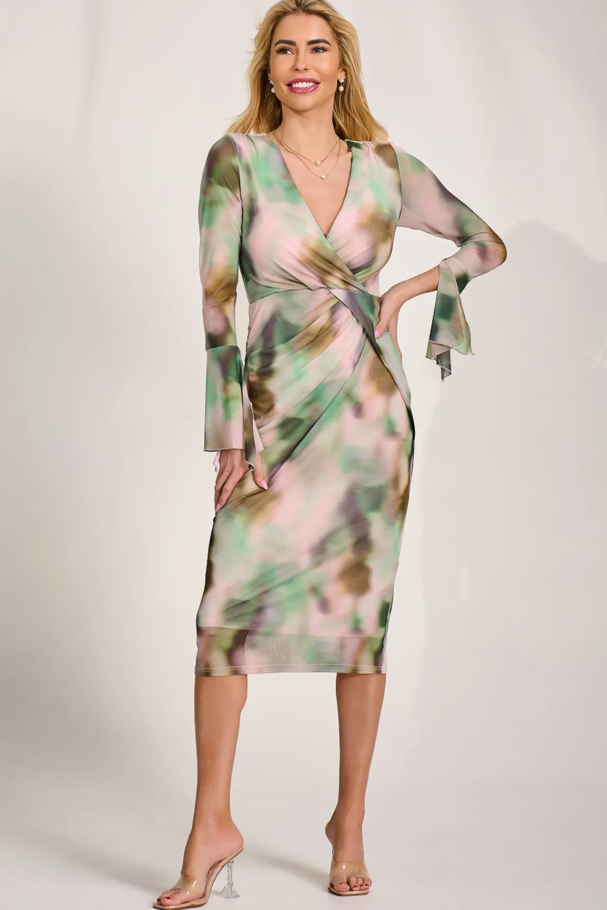 Jolie Moi Occasion Dresses|Mesh Dresses-Long Sleeve Mesh Bodycon Dress, Green Abstract