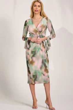 Jolie Moi Occasion Dresses|Mesh Dresses-Long Sleeve Mesh Bodycon Dress, Green Abstract