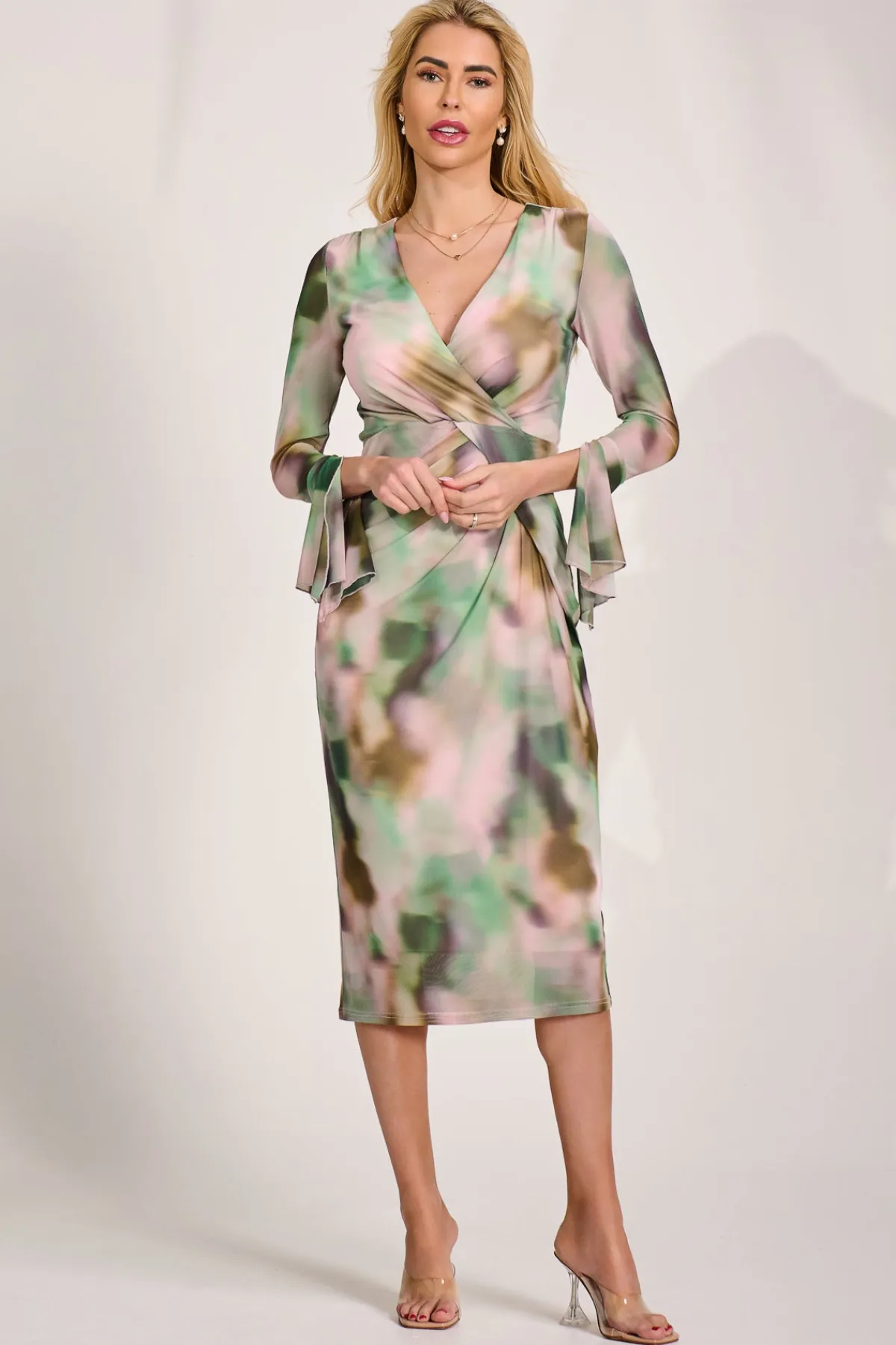 Jolie Moi Occasion Dresses|Mesh Dresses-Long Sleeve Mesh Bodycon Dress, Green Abstract