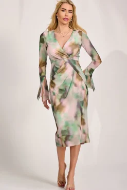 Jolie Moi Occasion Dresses|Mesh Dresses-Long Sleeve Mesh Bodycon Dress, Green Abstract