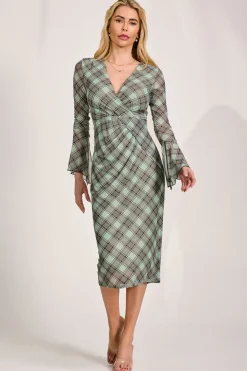 Jolie Moi Occasion Dresses|Mesh Dresses-Long Sleeve Mesh Bodycon Dress, Lime Check