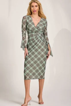 Jolie Moi Occasion Dresses|Mesh Dresses-Long Sleeve Mesh Bodycon Dress, Lime Check
