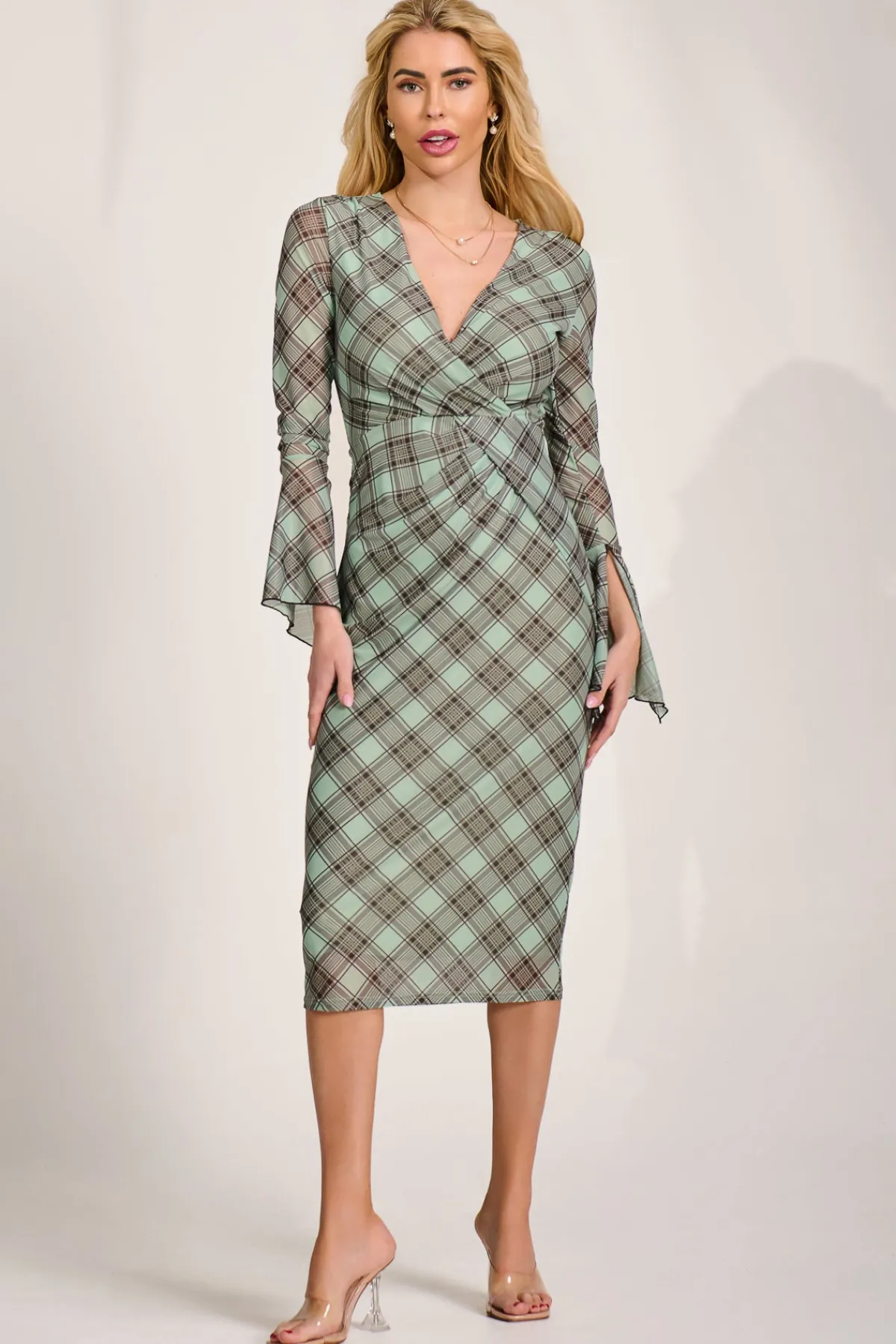 Jolie Moi Occasion Dresses|Mesh Dresses-Long Sleeve Mesh Bodycon Dress, Lime Check