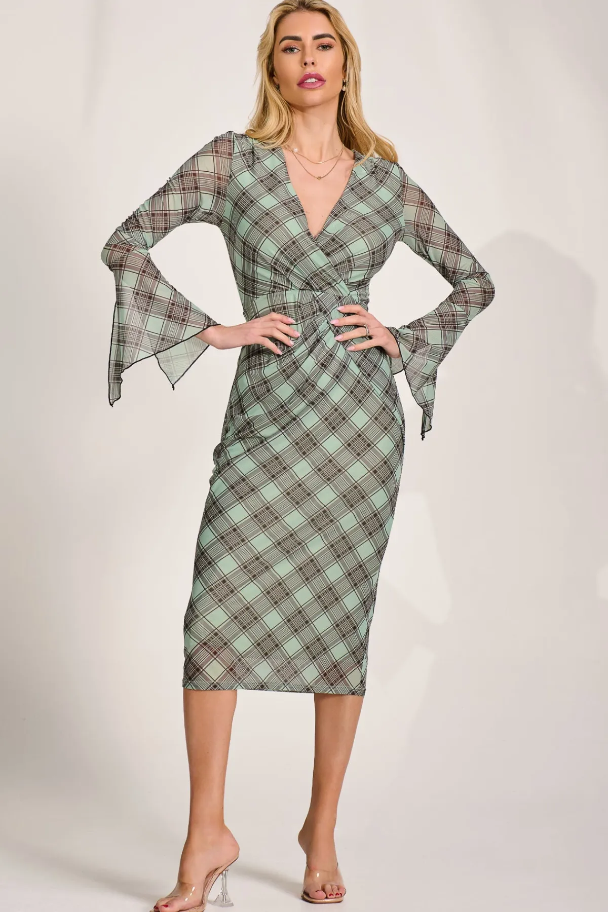 Jolie Moi Occasion Dresses|Mesh Dresses-Long Sleeve Mesh Bodycon Dress, Lime Check