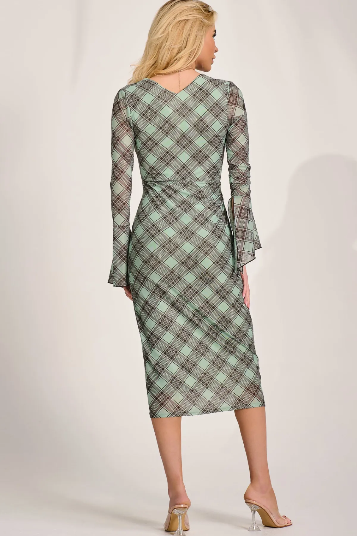 Jolie Moi Occasion Dresses|Mesh Dresses-Long Sleeve Mesh Bodycon Dress, Lime Check