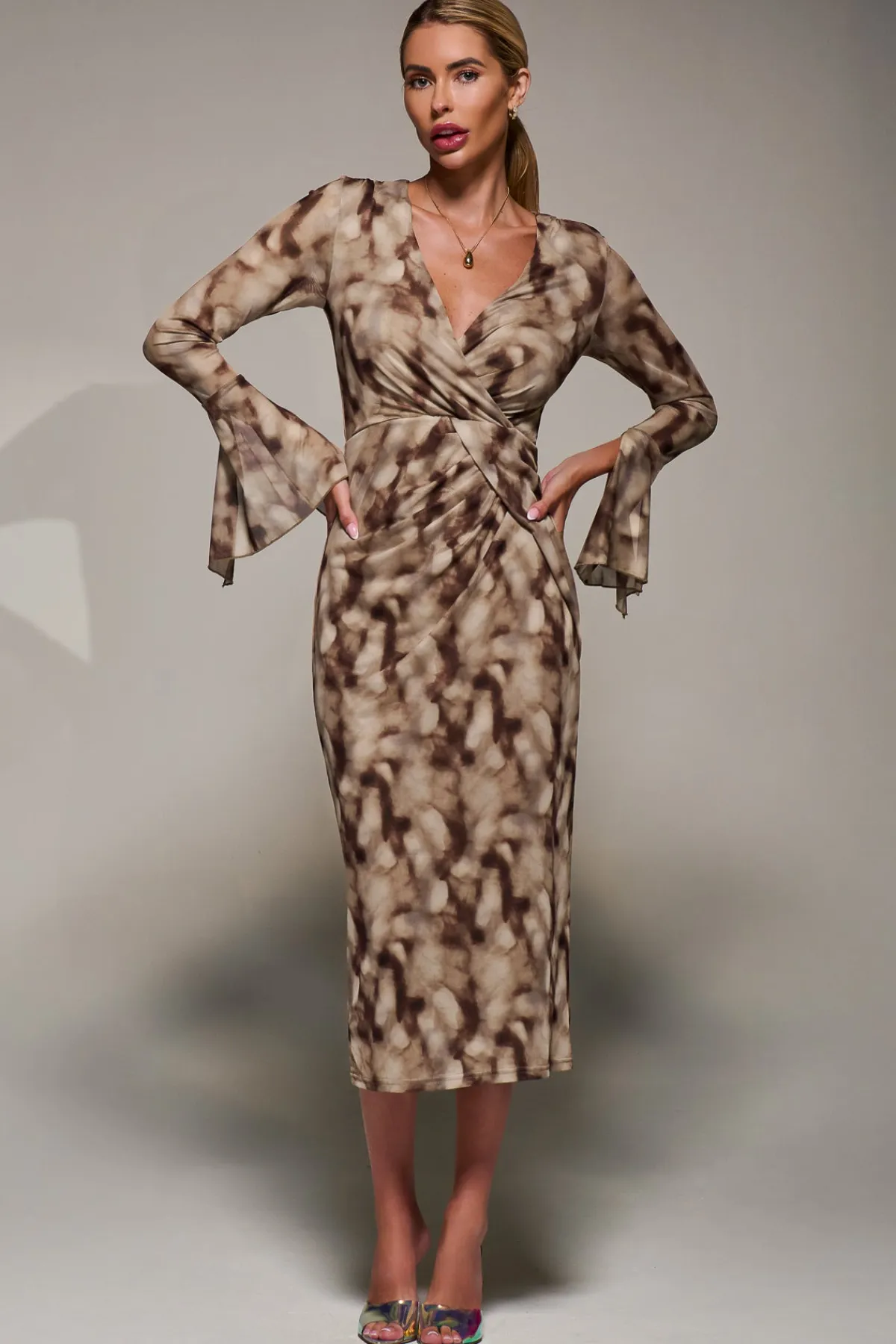 Jolie Moi Occasion Dresses|Wrap Dresses- Long Sleeve Mesh Bodycon Dress Mocha Abstract