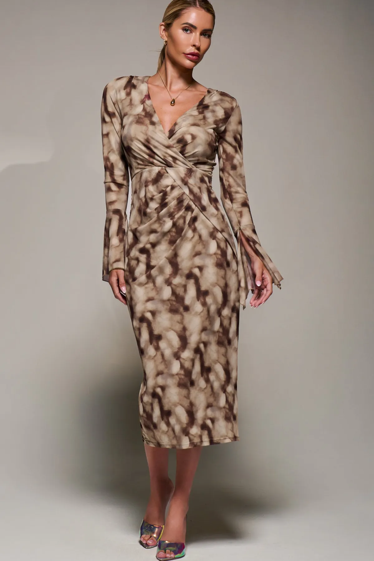 Jolie Moi Occasion Dresses|Wrap Dresses- Long Sleeve Mesh Bodycon Dress Mocha Abstract