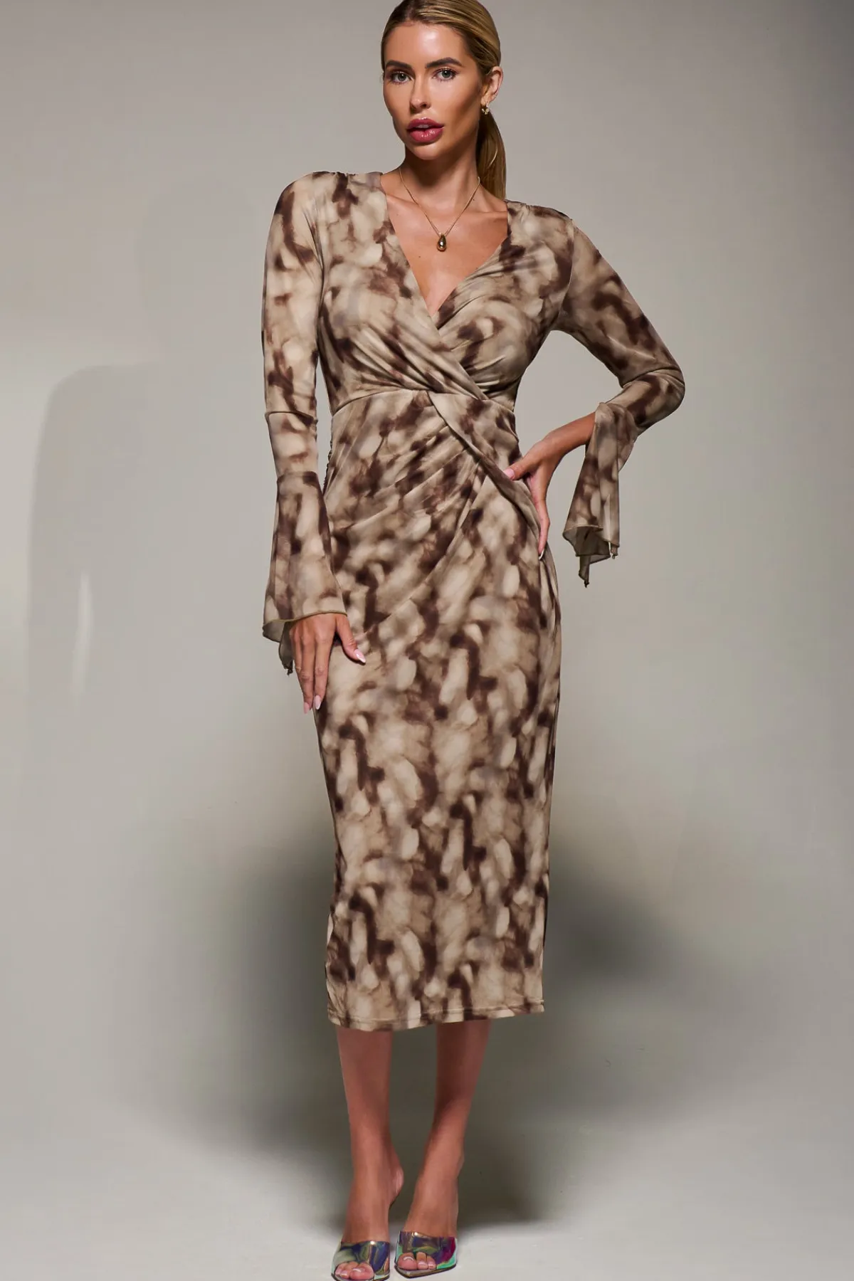 Jolie Moi Occasion Dresses|Wrap Dresses- Long Sleeve Mesh Bodycon Dress Mocha Abstract