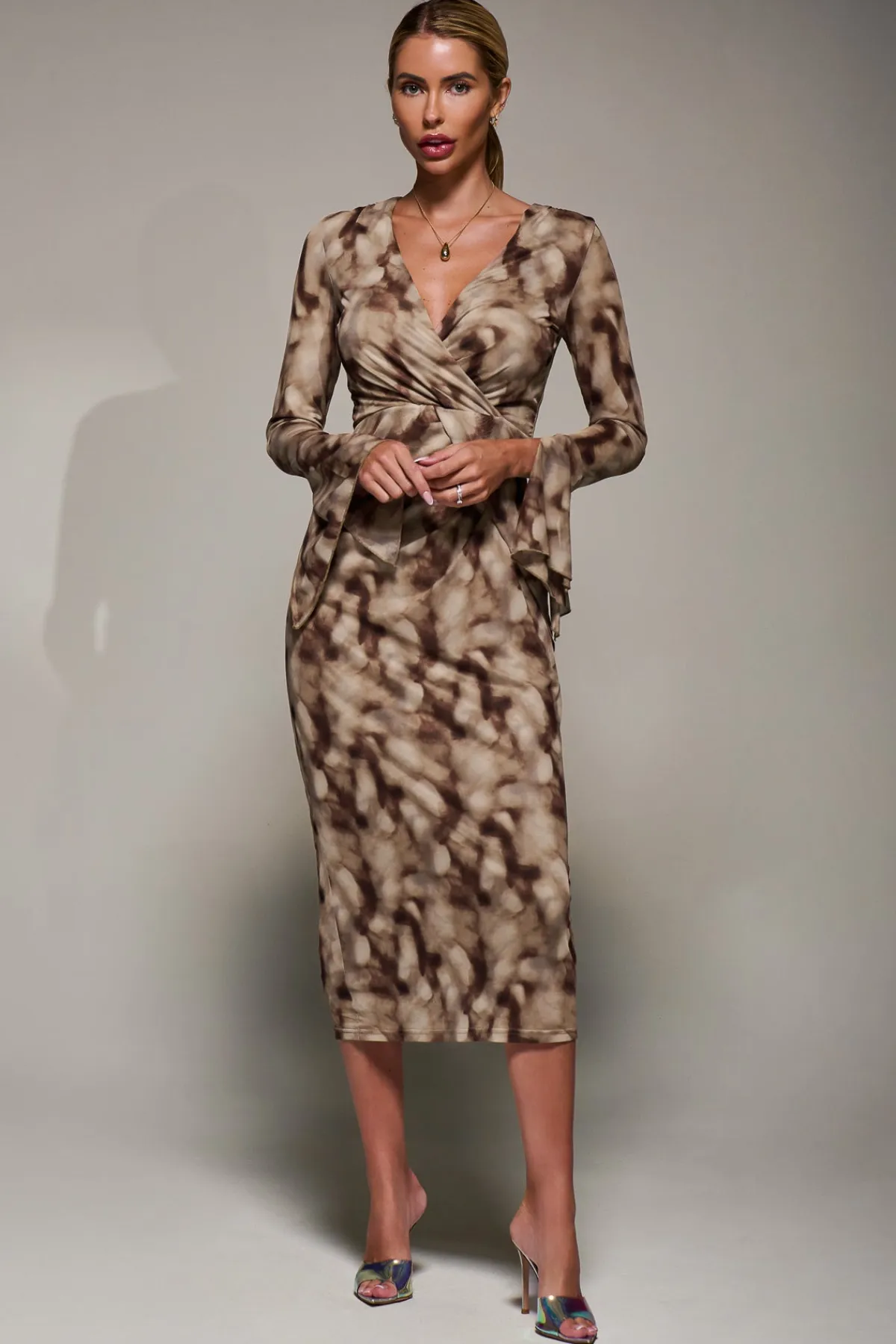 Jolie Moi Occasion Dresses|Wrap Dresses- Long Sleeve Mesh Bodycon Dress Mocha Abstract