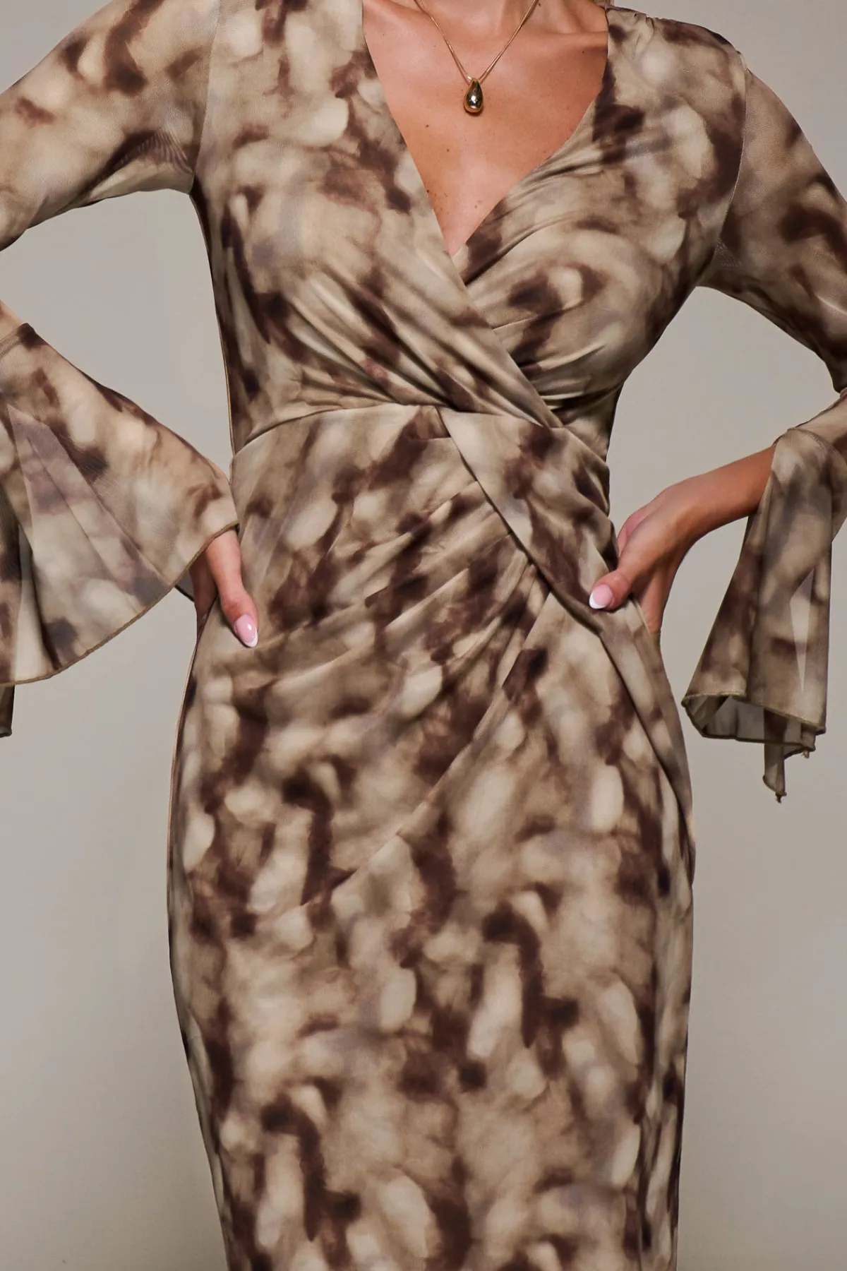 Jolie Moi Occasion Dresses|Wrap Dresses- Long Sleeve Mesh Bodycon Dress Mocha Abstract