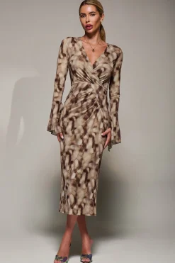 Jolie Moi Occasion Dresses|Wrap Dresses- Long Sleeve Mesh Bodycon Dress Mocha Abstract