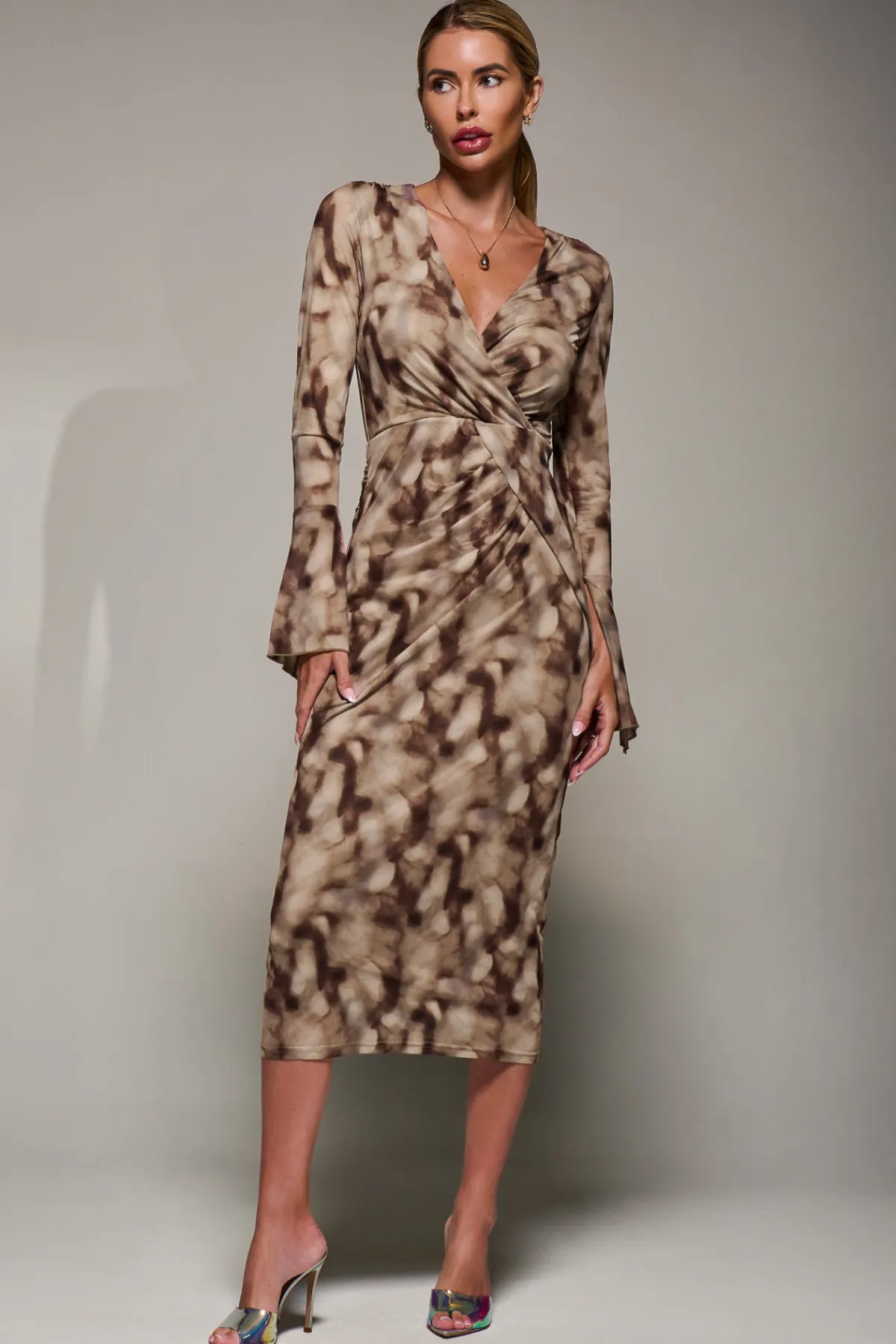 Jolie Moi Occasion Dresses|Wrap Dresses- Long Sleeve Mesh Bodycon Dress Mocha Abstract