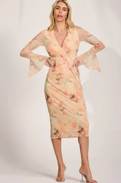 Jolie Moi Occasion Dresses|Mesh Dresses-Long Sleeve Mesh Bodycon Dress, Orange Abstract