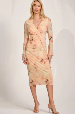 Jolie Moi Occasion Dresses|Mesh Dresses-Long Sleeve Mesh Bodycon Dress, Orange Abstract
