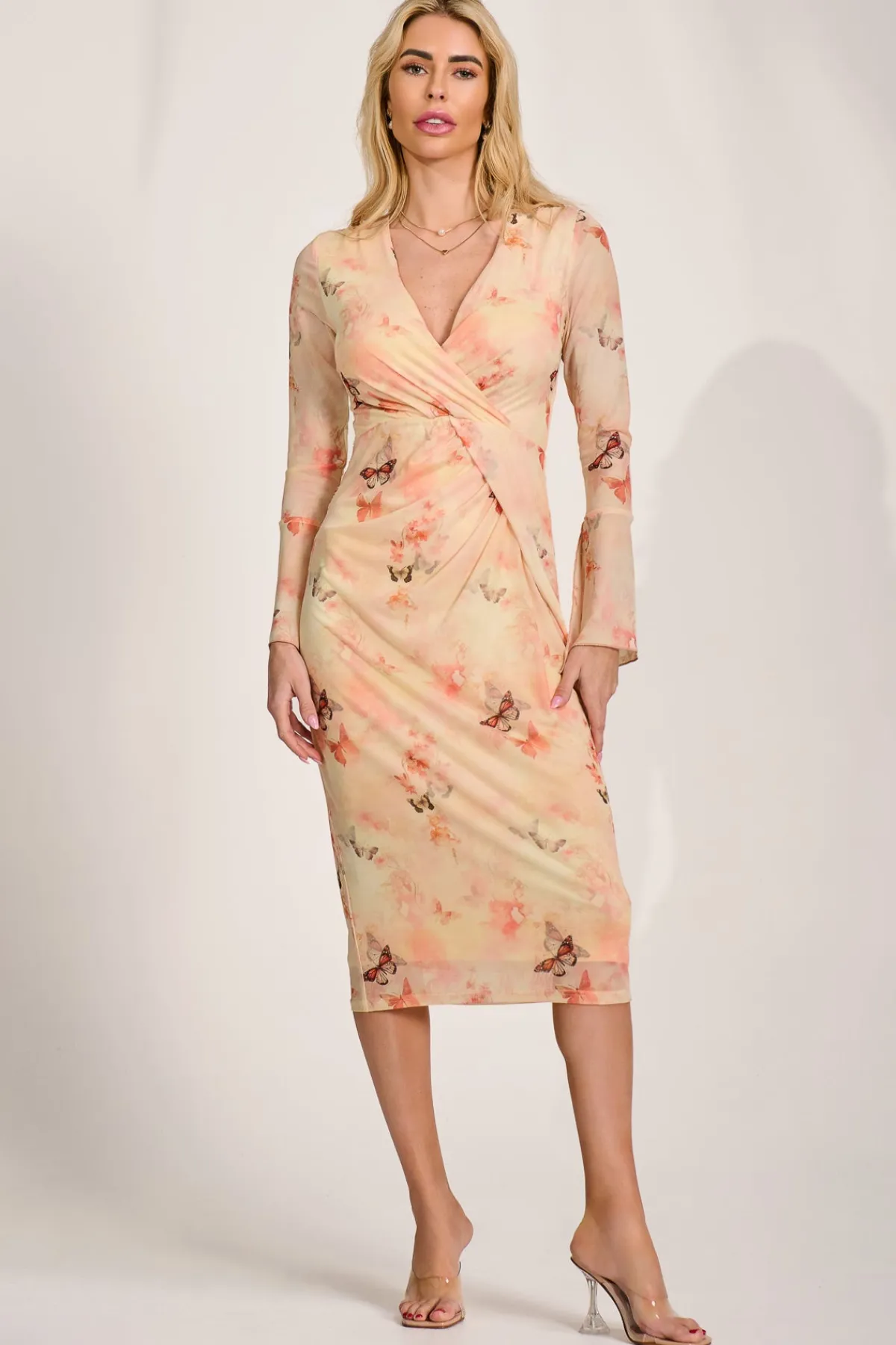 Jolie Moi Occasion Dresses|Mesh Dresses-Long Sleeve Mesh Bodycon Dress, Orange Abstract
