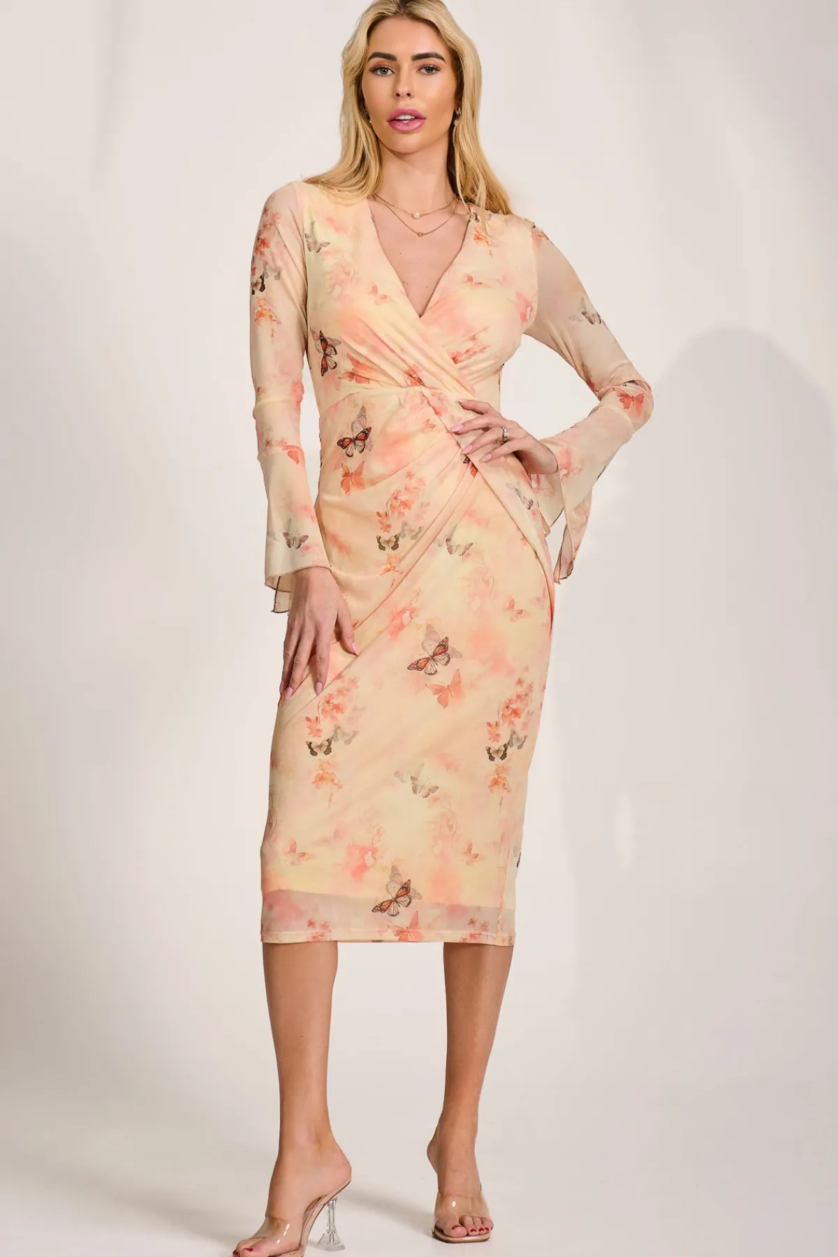 Jolie Moi Occasion Dresses|Mesh Dresses-Long Sleeve Mesh Bodycon Dress, Orange Abstract