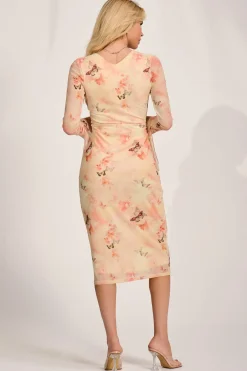Jolie Moi Occasion Dresses|Mesh Dresses-Long Sleeve Mesh Bodycon Dress, Orange Abstract