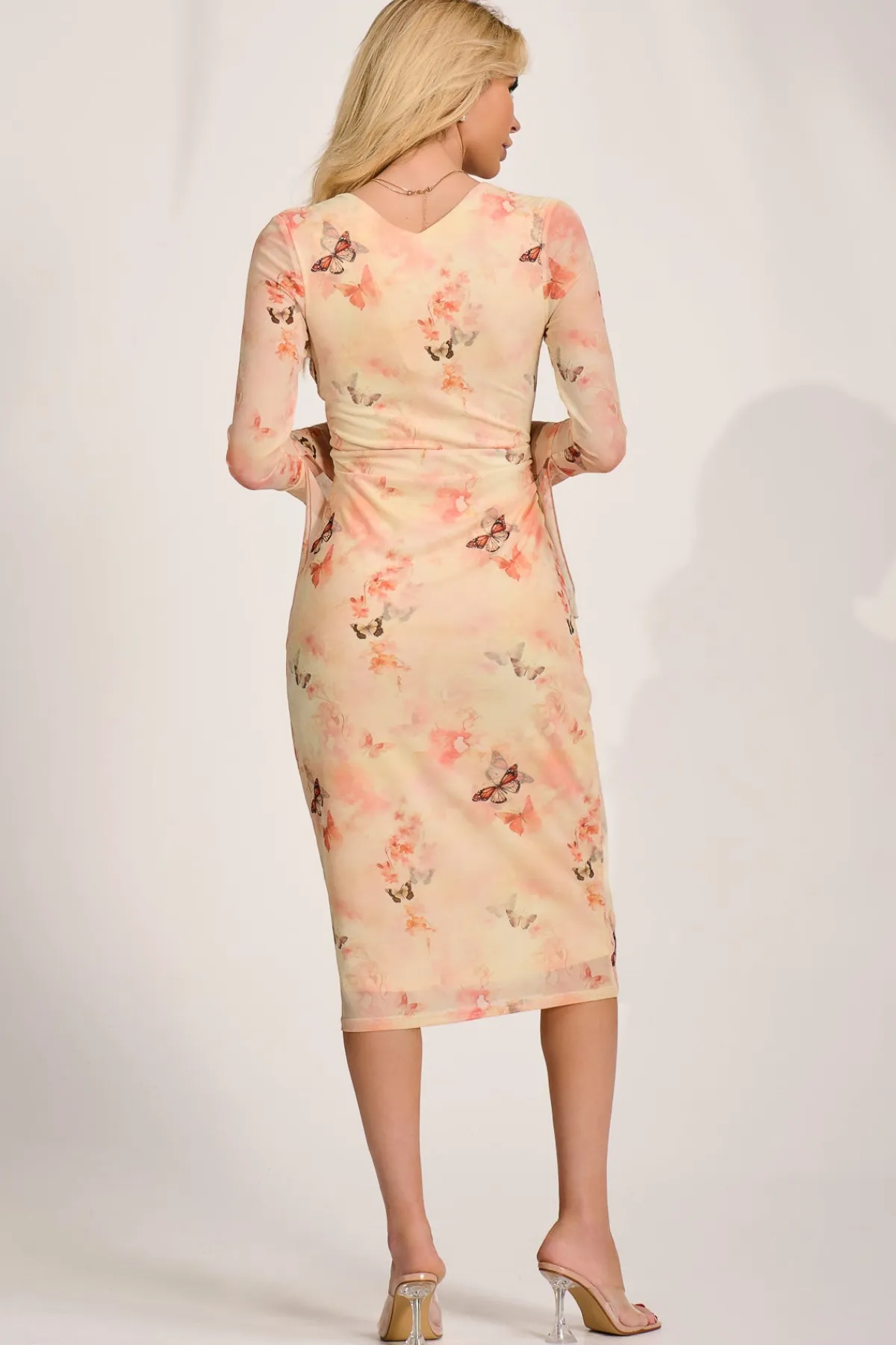 Jolie Moi Occasion Dresses|Mesh Dresses-Long Sleeve Mesh Bodycon Dress, Orange Abstract