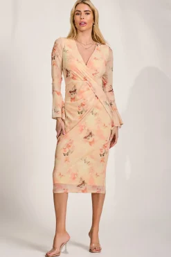 Jolie Moi Occasion Dresses|Mesh Dresses-Long Sleeve Mesh Bodycon Dress, Orange Abstract