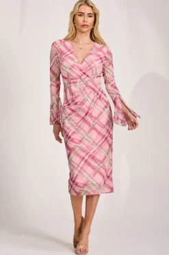 Jolie Moi Occasion Dresses|Mesh Dresses-Long Sleeve Mesh Bodycon Dress, Pink Check