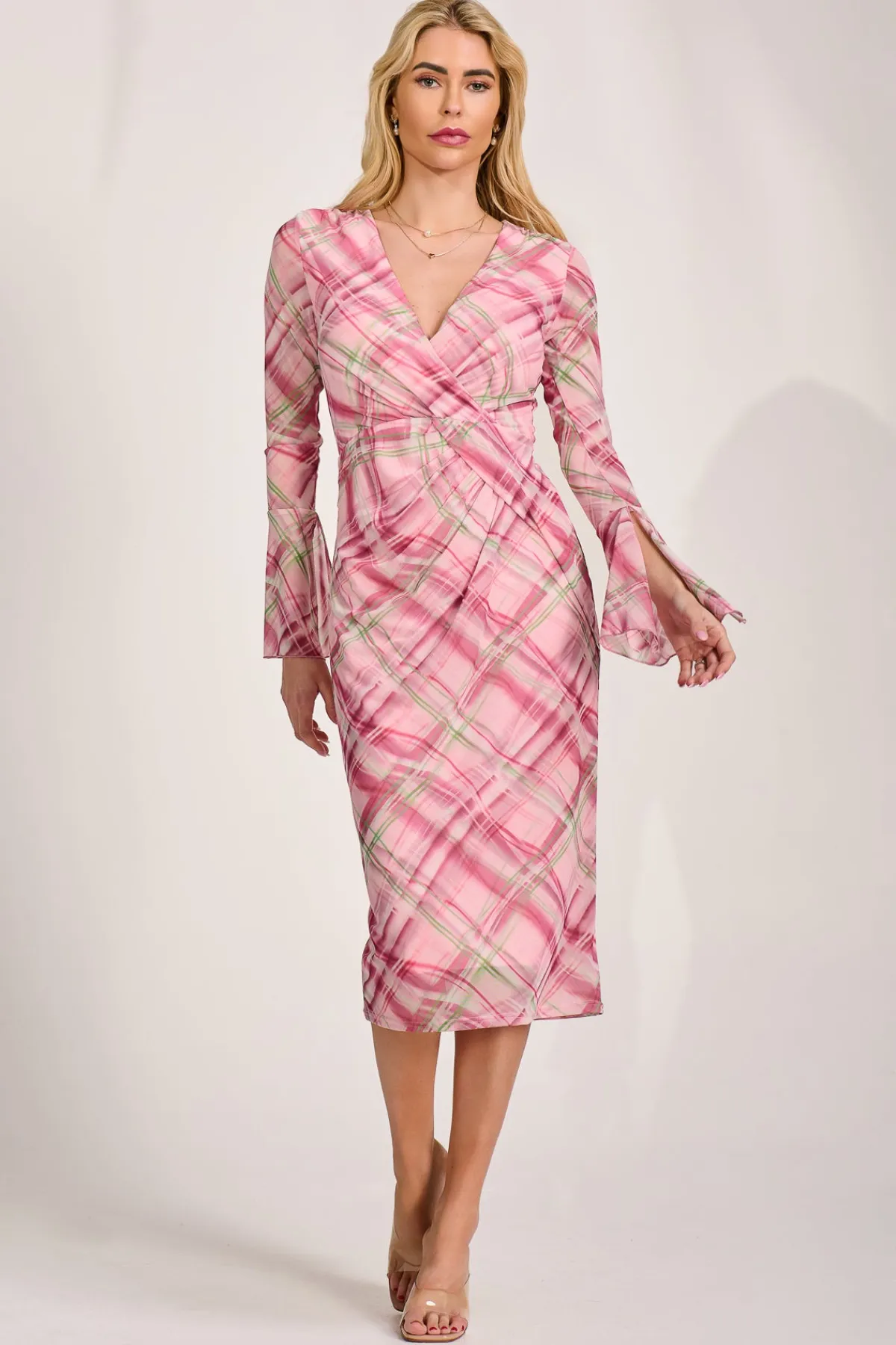 Jolie Moi Occasion Dresses|Mesh Dresses-Long Sleeve Mesh Bodycon Dress, Pink Check