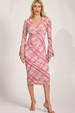 Jolie Moi Occasion Dresses|Mesh Dresses-Long Sleeve Mesh Bodycon Dress, Pink Check
