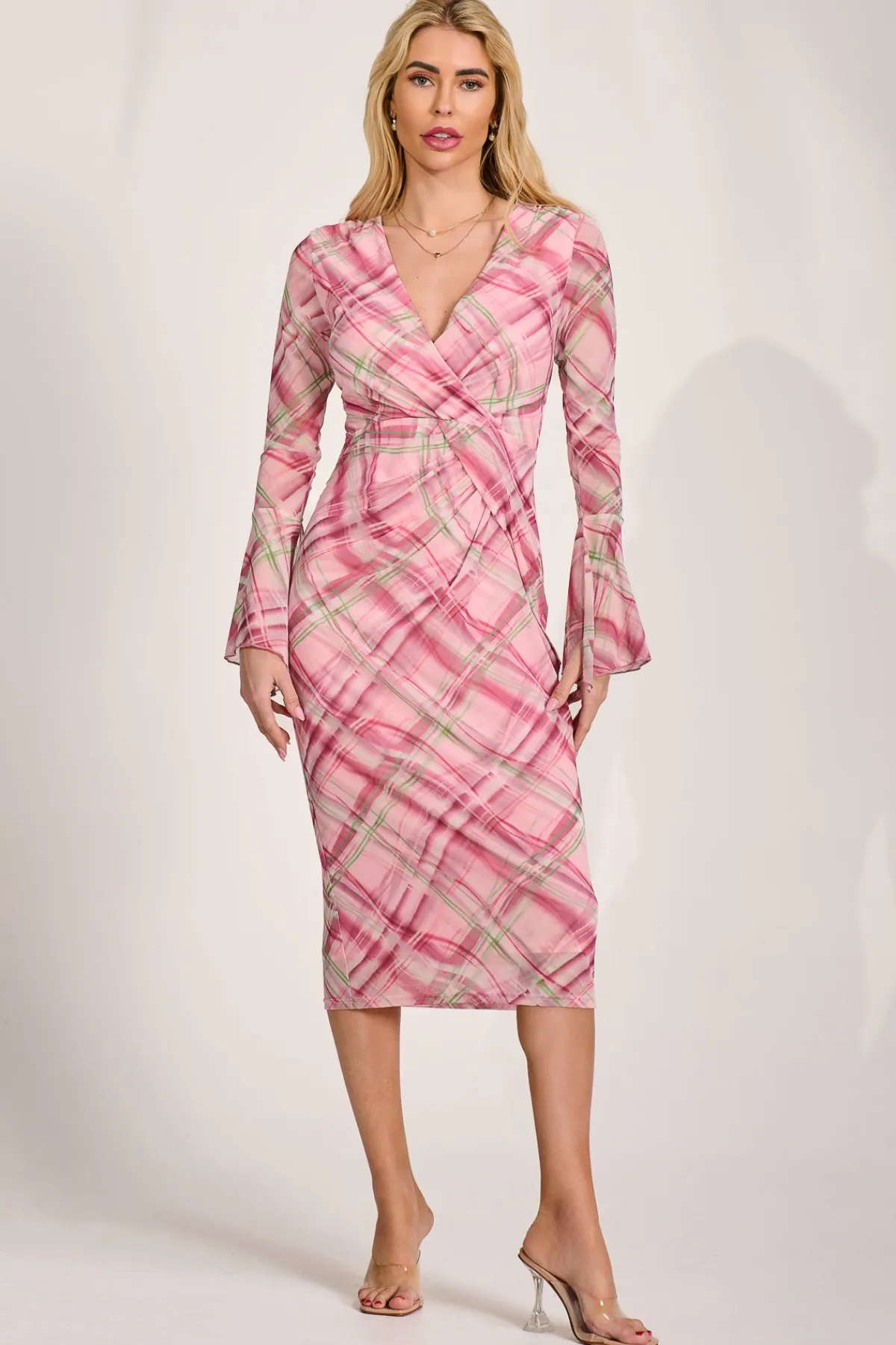 Jolie Moi Occasion Dresses|Mesh Dresses-Long Sleeve Mesh Bodycon Dress, Pink Check