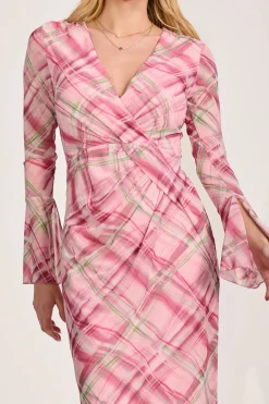 Jolie Moi Occasion Dresses|Mesh Dresses-Long Sleeve Mesh Bodycon Dress, Pink Check