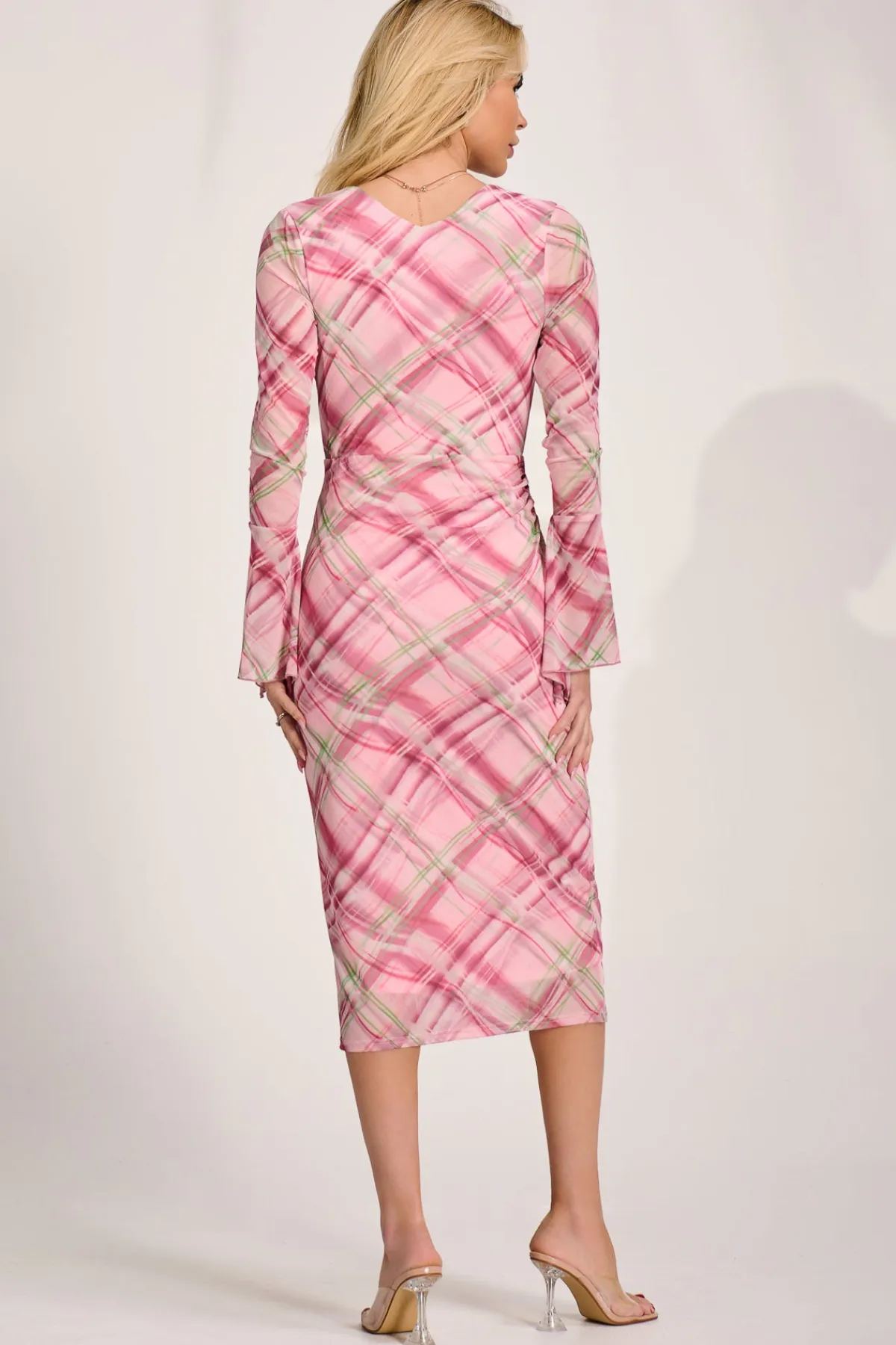 Jolie Moi Occasion Dresses|Mesh Dresses-Long Sleeve Mesh Bodycon Dress, Pink Check