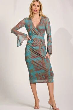 Jolie Moi Occasion Dresses|Mesh Dresses-Long Sleeve Mesh Bodycon Dress, Teal Abstract