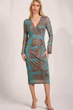 Jolie Moi Occasion Dresses|Mesh Dresses-Long Sleeve Mesh Bodycon Dress, Teal Abstract